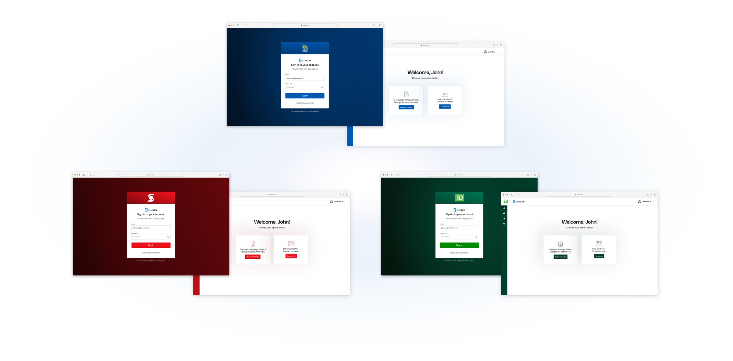 The Symcor portal reskinned for RBC, Scotiabank, and TD brand identities