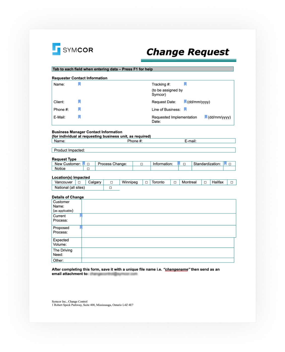 Symcor’s legacy Change Request word document form