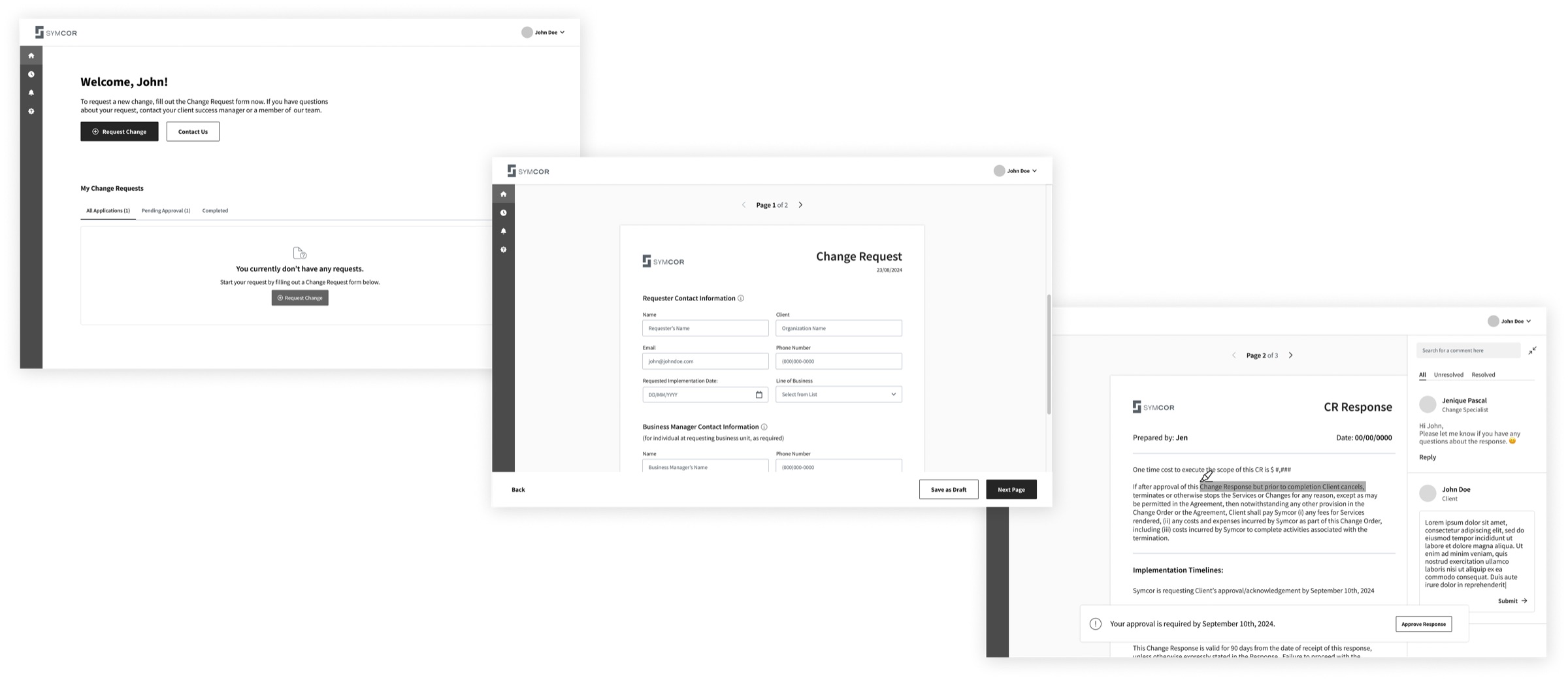 Wireframes of the Symcor client portal: welcome screen, change request form, and CR response