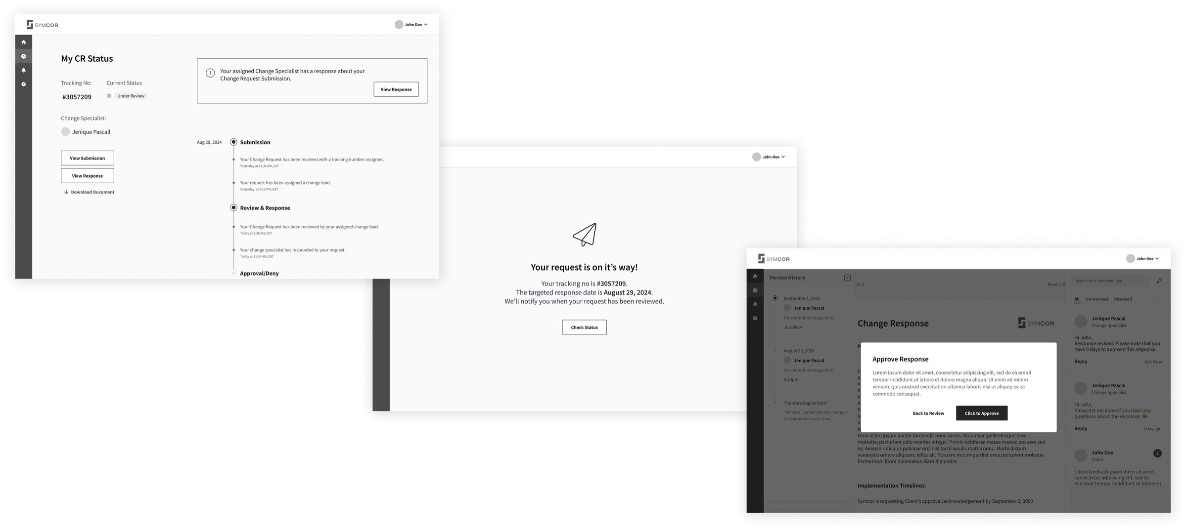 Wireframes of request status tracking, confirmation, and approval flows