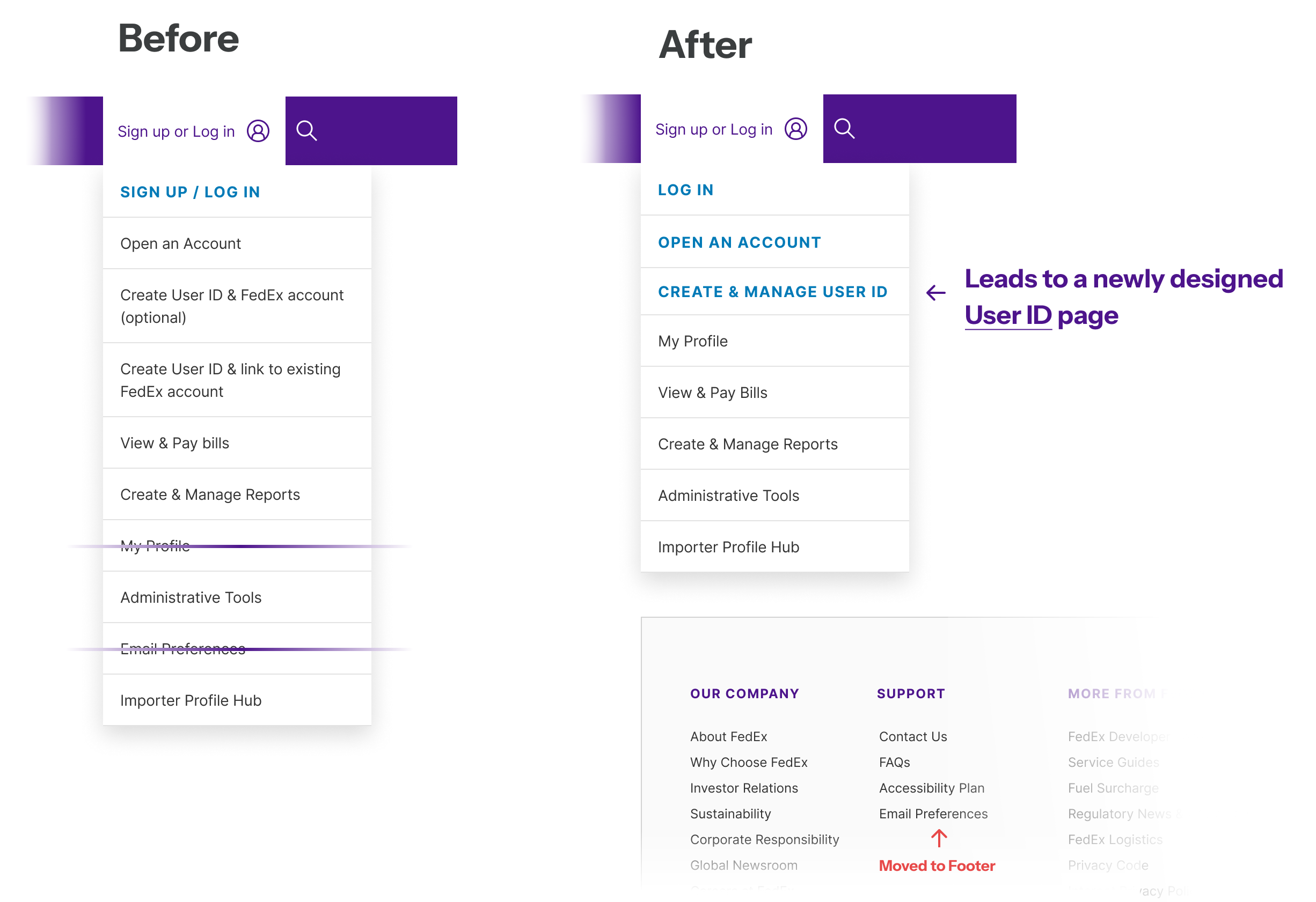 Before and after of the FedEx dropdown — the after leads to a newly designed User ID page