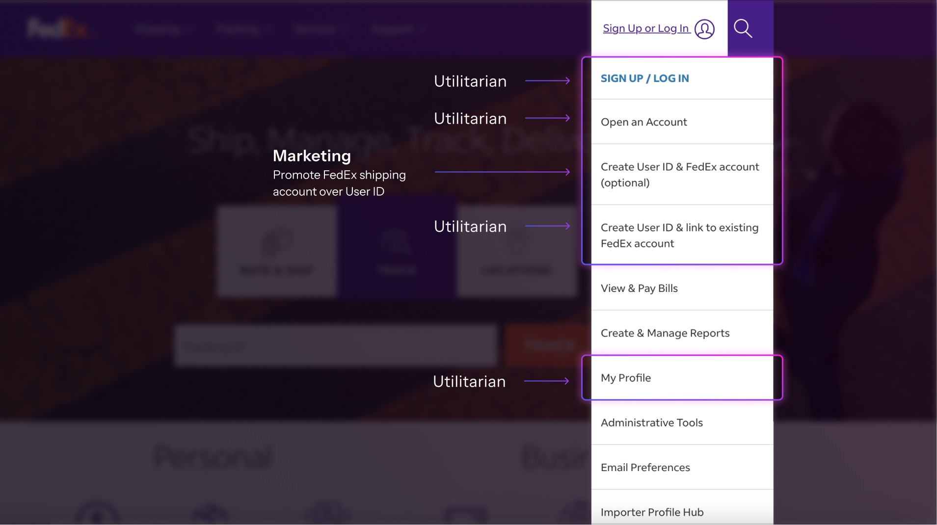 Full-width analysis of the FedEx Sign Up or Log In dropdown annotated with utilitarian and marketing objectives