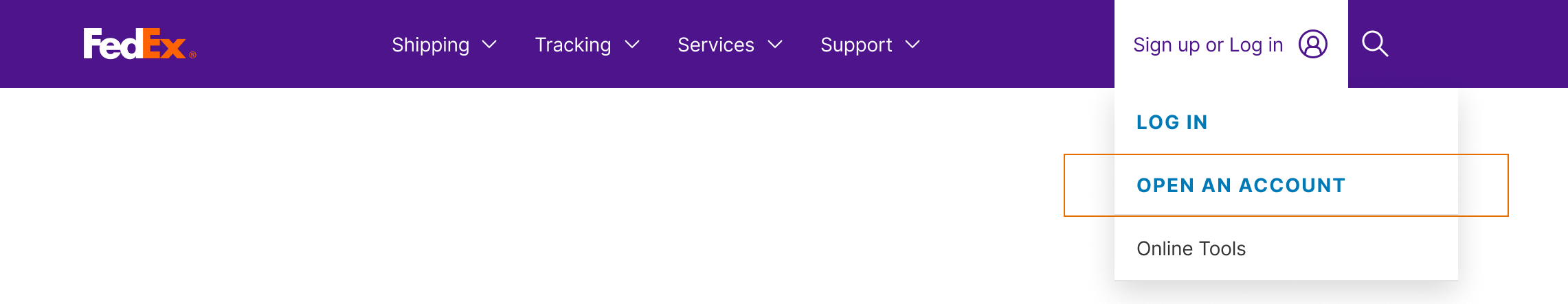 FedEx dropdown with the Open an Account action highlighted