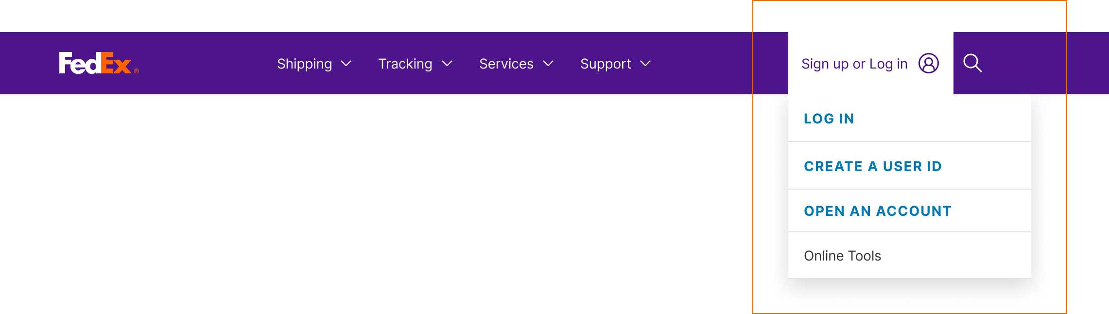 FedEx dropdown with Log In, Create a User ID, Open an Account, and Online Tools