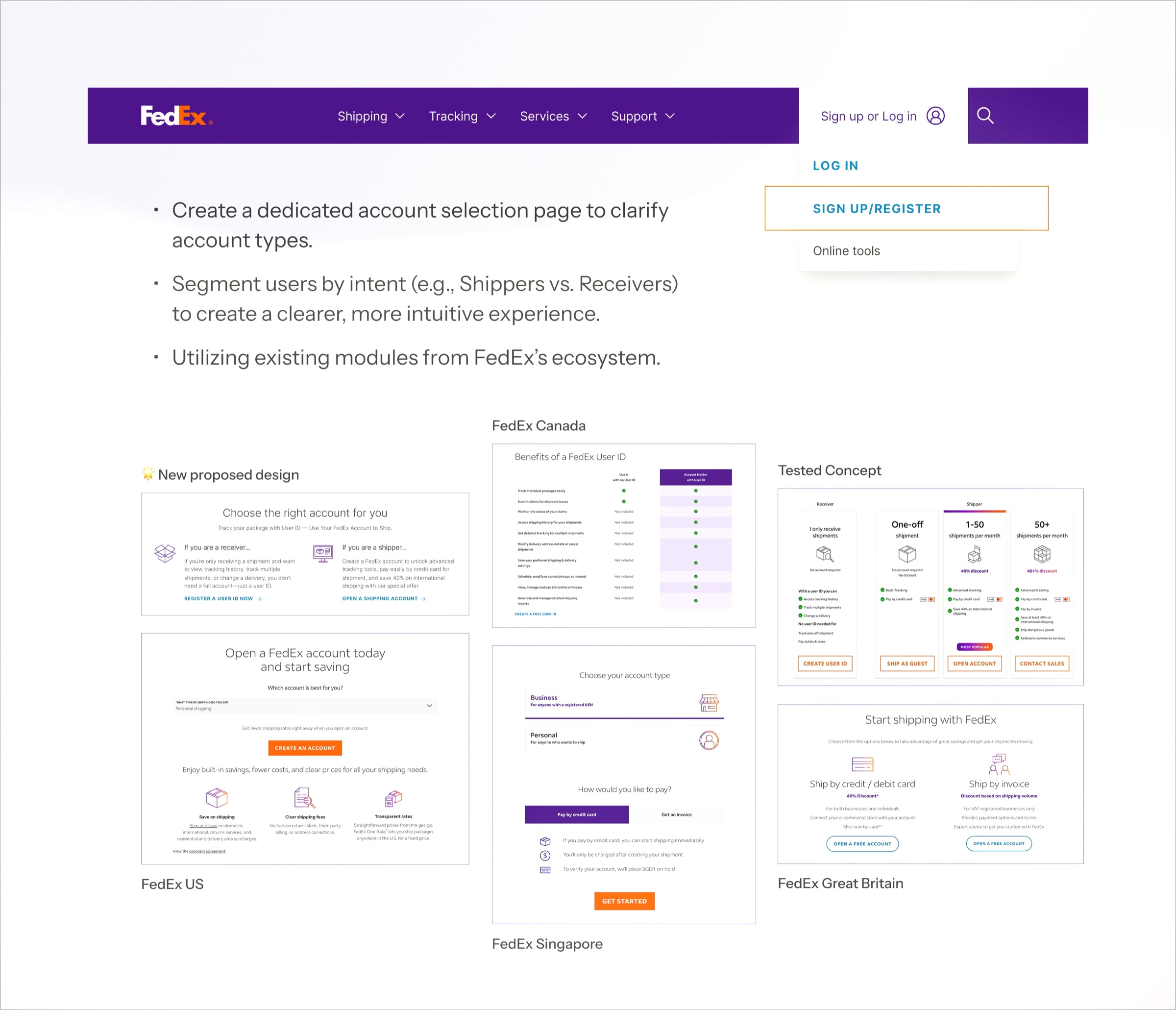 Sign up/register dropdown with benchmarked account pages from FedEx Canada, US, Singapore, and Great Britain