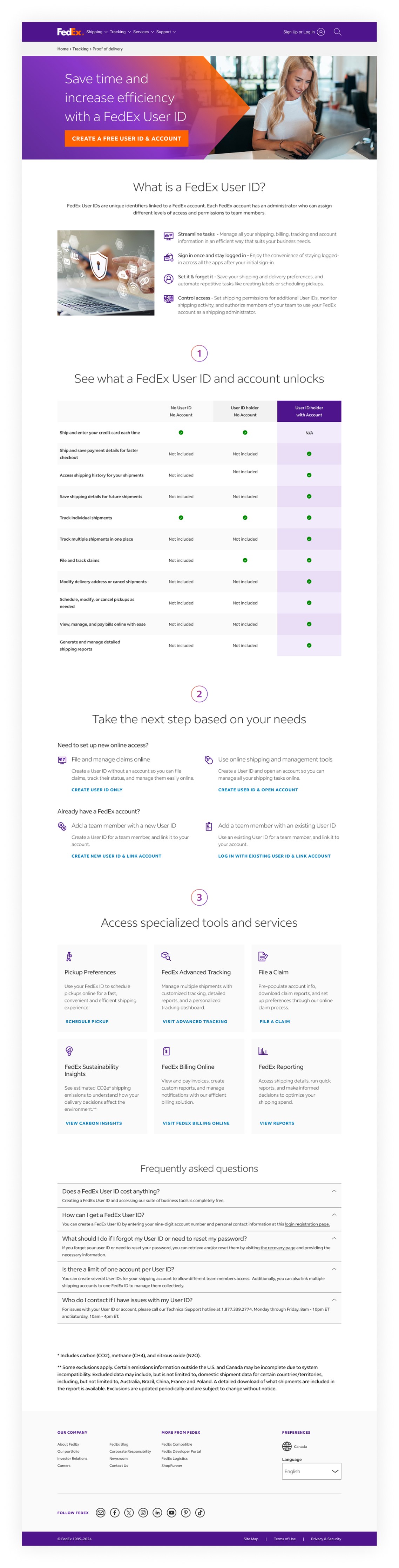 Newly designed FedEx User ID landing page on desktop