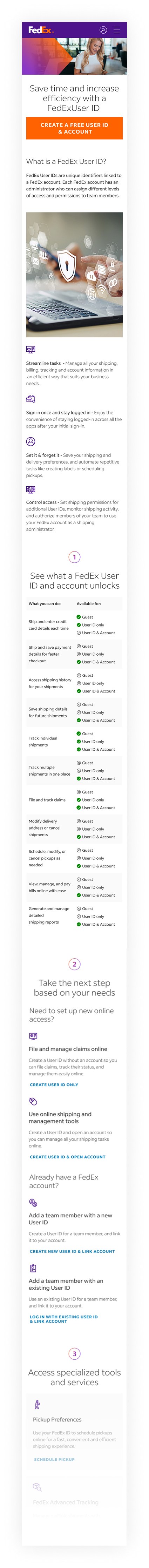 Newly designed FedEx User ID landing page on mobile