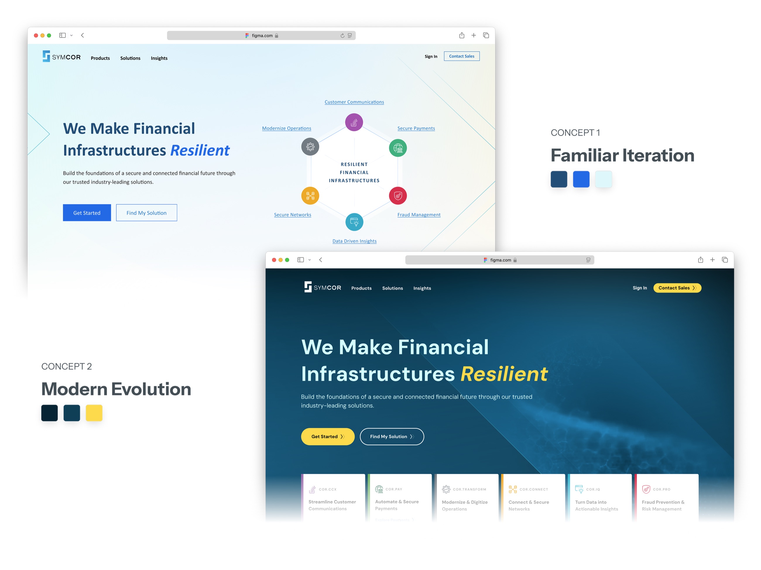 Concept 1 Familiar Iteration and Concept 2 Modern Evolution homepage mockups