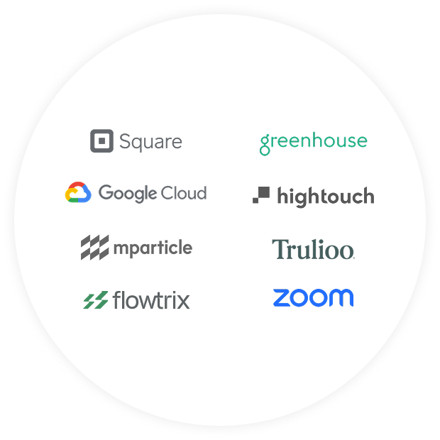 Logos of Square, Google Cloud, hightouch, mparticle, Trulioo, flowtrix, and zoom
