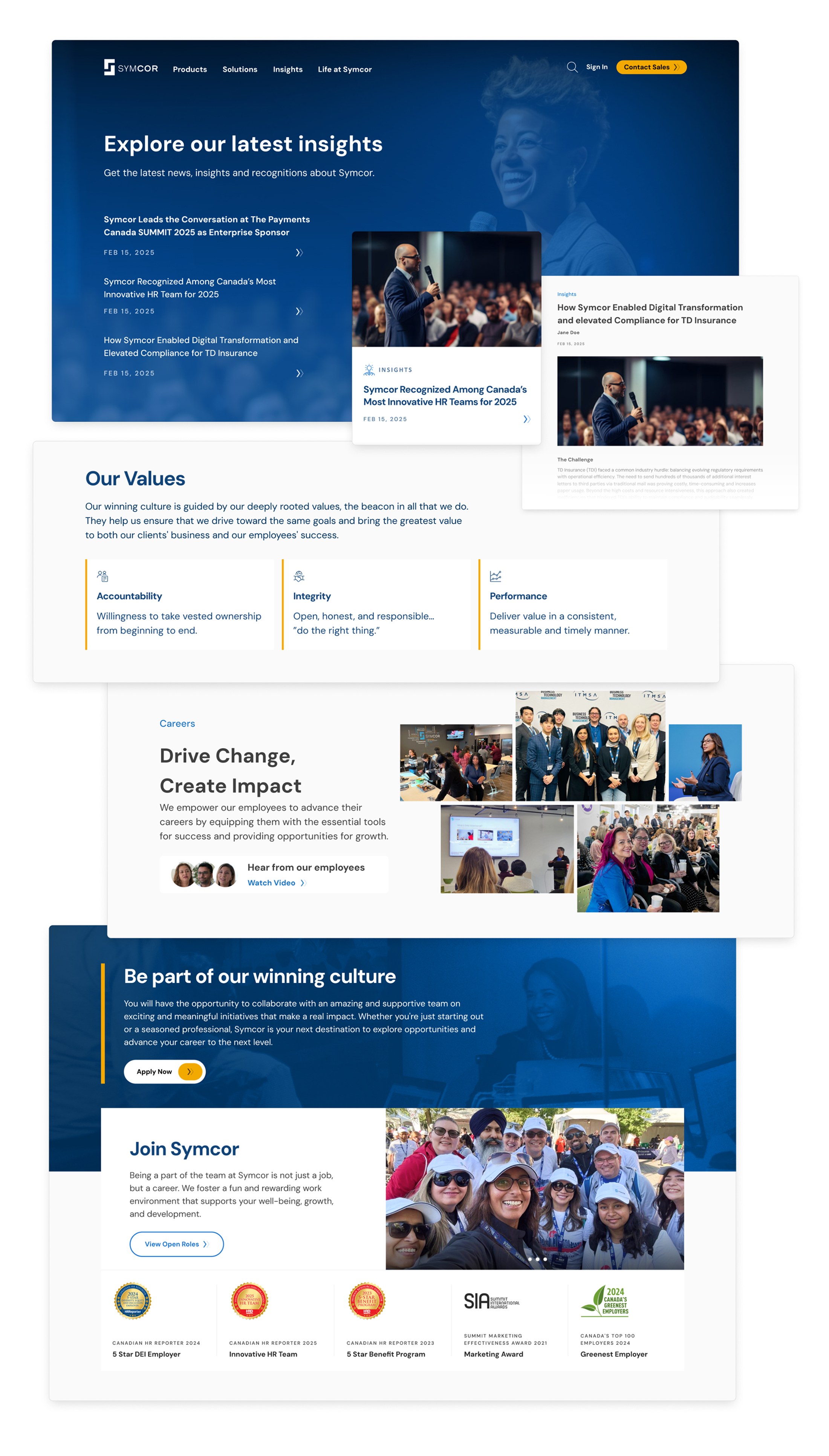 Modular sections of the redesigned site: insights, values, careers, and culture modules