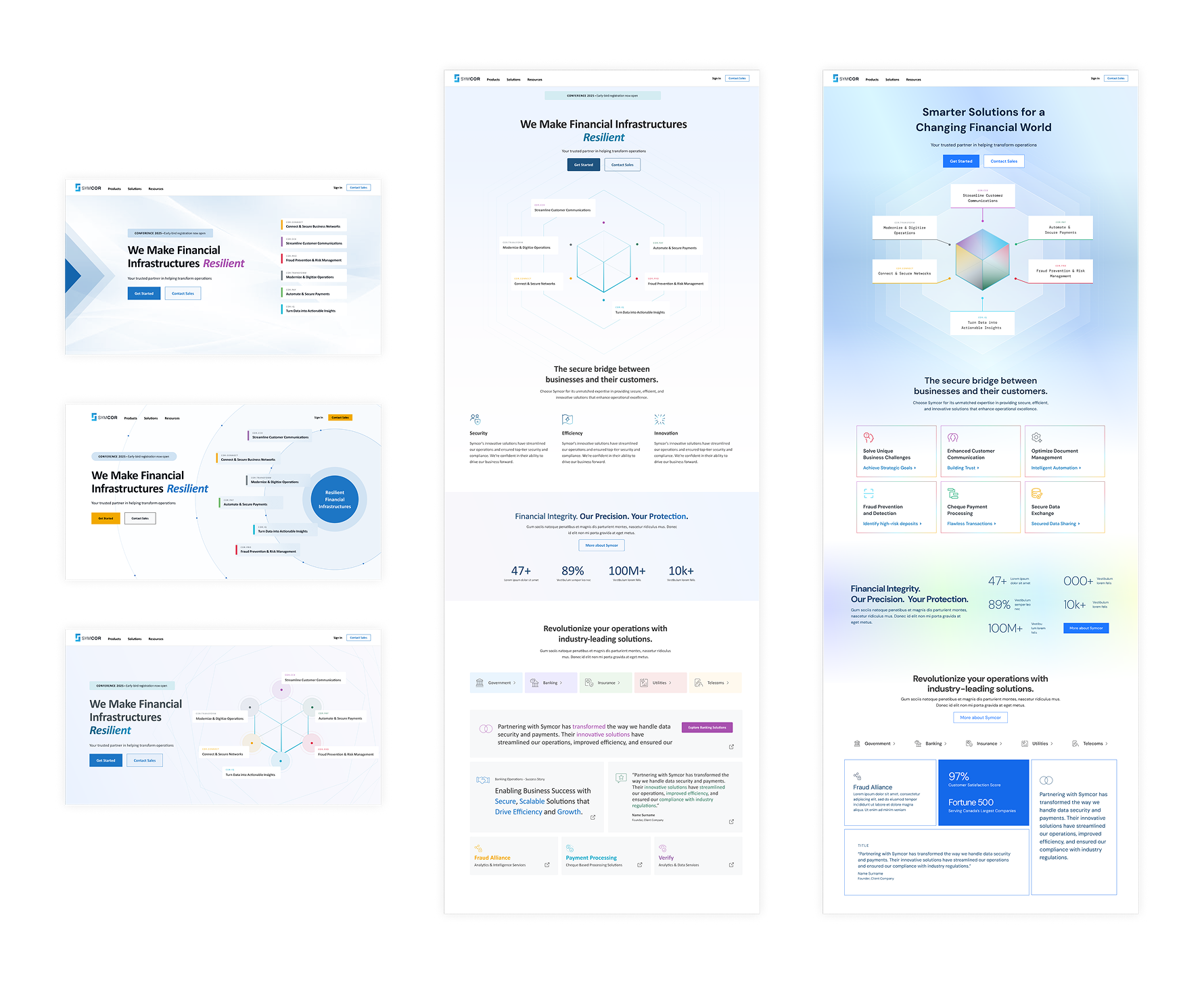 Five early homepage iterations of the Symcor redesign